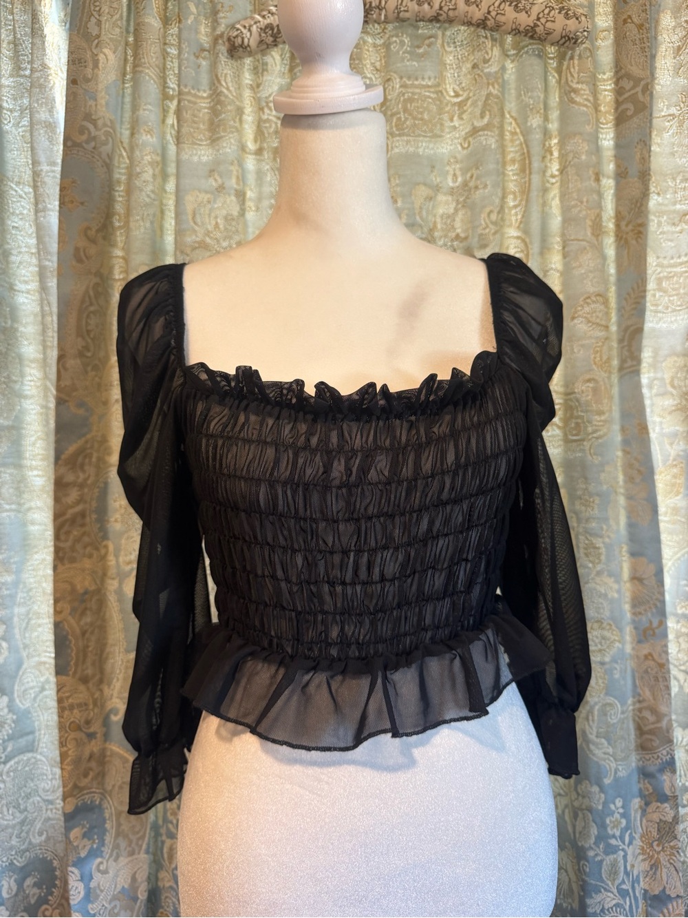 Wild cat Black Smocked Ruffled Square-Neck Top